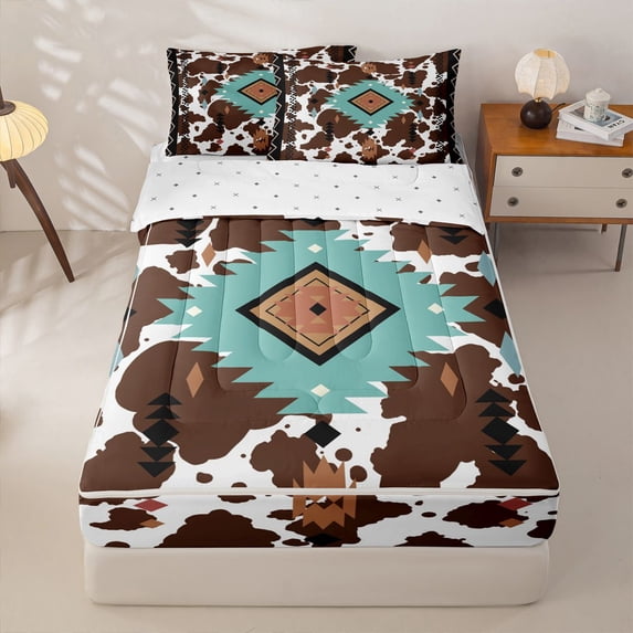 jejeloiu Southwestern Tribal Zipper Twin Comforter Sets with Fitted Sheet and 2 Pillowcases,Cowhide Print Zipper Bedding Set For Boys,Brown Turquoise,Reversible,4 Pieces
