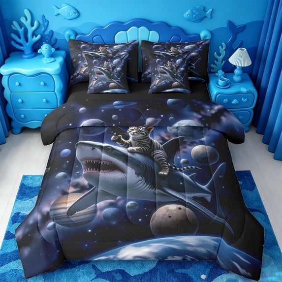 jejeloiu Space Cat Shark Ride 7-Piece Twin Bedding,Ocean Animal Themed Bedding Comforter Set For Boys,Dark Purple,Black Reversible