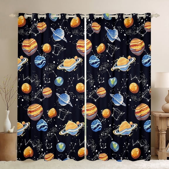 jejeloiu Space Themed Black Out Curtains,Orange Blue Planet Curtains Pack of 2 (42x63 Each),Constellation Printed Bedroom Curtains For Children,Luxury Bedroom Decor