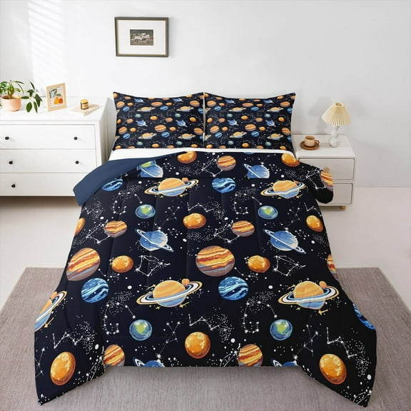 jejeloiu Space Themed Queen Comforter Set,Orange Blue Planet Bedding Sets,Constellation Printed Bedding Comforter Set For Children,Luxury Bedroom Decor Reversible,3pcs