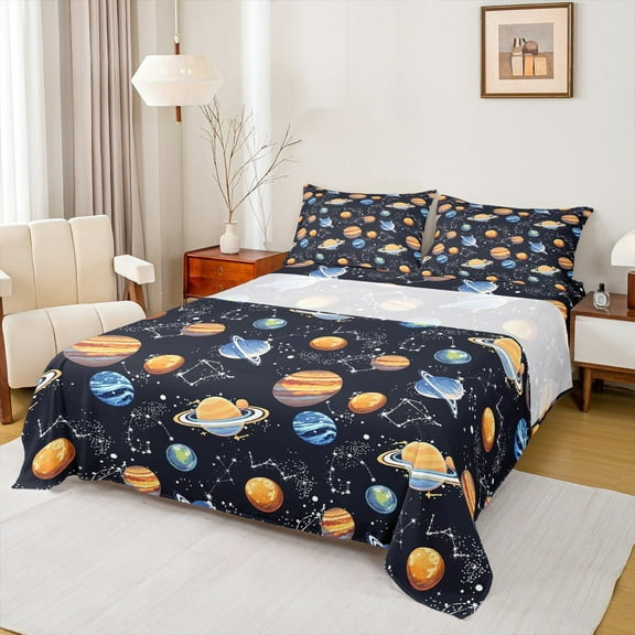 jejeloiu Space Themed Twin Sheet Sets,Orange Blue Planet Twin Fitted Sheet,Constellation Printed Flat Sheet For Children,Luxury Bedroom Decor,3-Piece
