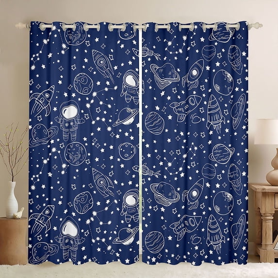 jejeloiu Space Universe Rocket Blackout Curtains Set of 2 (52x84 Each),Cute Cartoon Astronaut Window Curtains For Kids