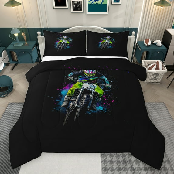 jejeloiu Speed Motocross Bedding Comforter Set,Colorful Splatter Ink Twin Comforter Sets,Extreme Motorcycle Bedding Set For Boys Teens,Breathable Home Decor Reversible,2 Pieces