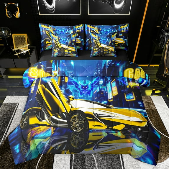 jejeloiu Speed Racing Car 7pcs Bedding Comforter Set,Extreme Sport Lovers Queen Bedding Sets,Yellow Blue Queen Sheet Sets For Boys Kids,Breathable Home Decor Reversible