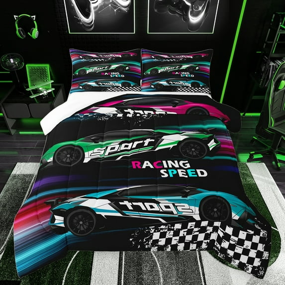 jejeloiu Speed Racing Car Bedding Comforter Set,Extreme Sport Lovers Twin Comforter Sets,White Black Classic Plaid Bedding Set For Boys Kids,Breathable Home Decor,2pcs