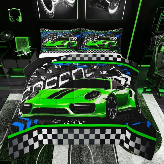 jejeloiu Speed Sport Car Bedding Comforter Set,Extreme Racing Game Twin Comforter Sets,Black White Green Bedding Set For Kids,Microfiber Bedroom Decor Reversible,2-Piece