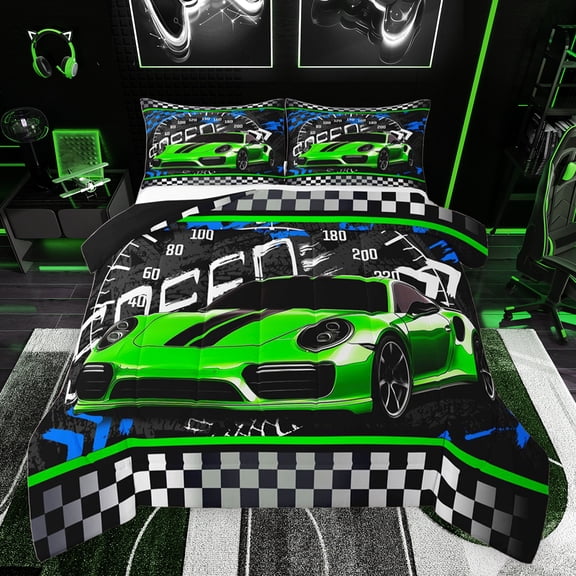 jejeloiu Speed Sport Car Bedding Comforter Set,Extreme Racing Game Twin Comforter Sets,Black White Green Bedding Set For Kids,Microfiber Bedroom Decor Reversible,2-Piece