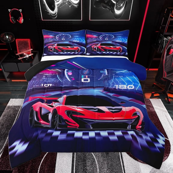 jejeloiu Speed Sport Car Full Size Comforter Sets,Extreme Racing Game Bedding Comforter Set,Red Race Vehicle Bedding Sets For Kids,Microfiber Bedroom Decor Reversible,3-Piece
