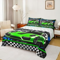 jejeloiu Speed Sport Car Twin Sheet Sets,Extreme Racing Game Twin Fitted Sheet,Black White Green Flat Sheet For Kids,Microfiber Bedroom Decor,3-Piece
