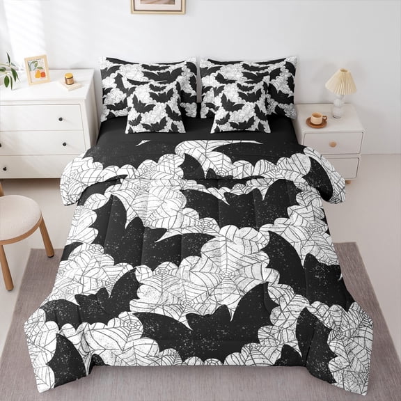 jejeloiu Spider Webs Bedding Comforter Set 7-Piece,Halloween Theme King Bedding Sets,Black White Bed Sheets For Boys,Breathable Home Decor Reversible