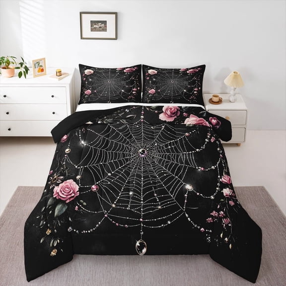 jejeloiu Spider Webs Queen Comforter Set,Pink Flower Rose Bedding Sets,Rustic Farmhouse Cabin Bedding Comforter Set For Girls,Luxury Bedroom Decor Reversible,3 Pieces