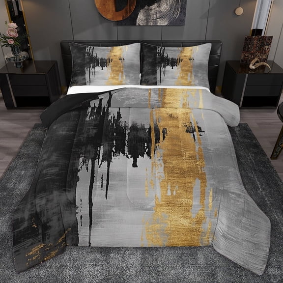 jejeloiu Splashing Ink Geometric Queen Comforter Set,Black Gray Gold Bedding Comforter Set For Girls Teens Reversible 3pcs