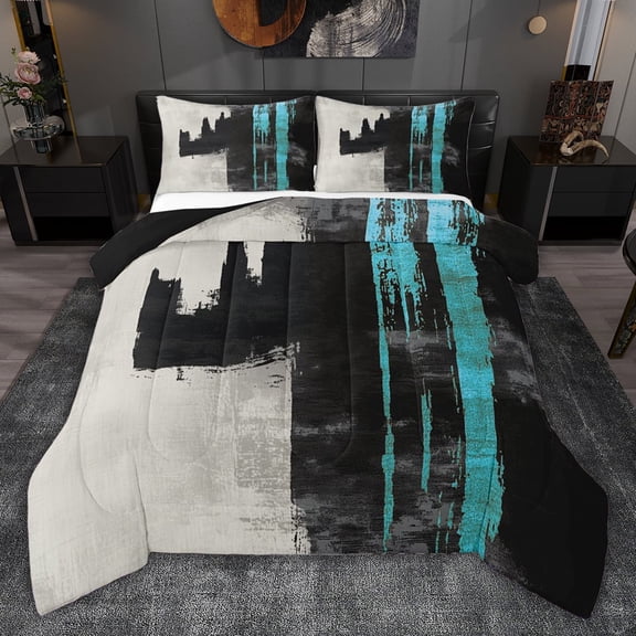 jejeloiu Splatter Ink Geometric Queen Comforter Set,Gray Cyan Black Bedding Comforter Set For Girls Teens Reversible 3pcs