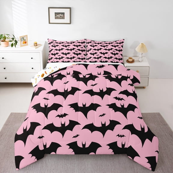 jejeloiu Spooky Bats Bedding Comforter Set,Happy Halloween Twin Comforter Sets,Pink Black Bedding Set For Boys Kids,Luxury Bedroom Decor Reversible,2 Pieces