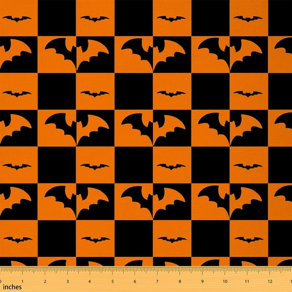 jejeloiu Spooky Bats Fabric by the Yard 3 Yards,Happy Halloween Sewing Fabric,Orange Geometric Checkered Fabric for Sewing For Boys Kids,Luxury Bedroom Decor