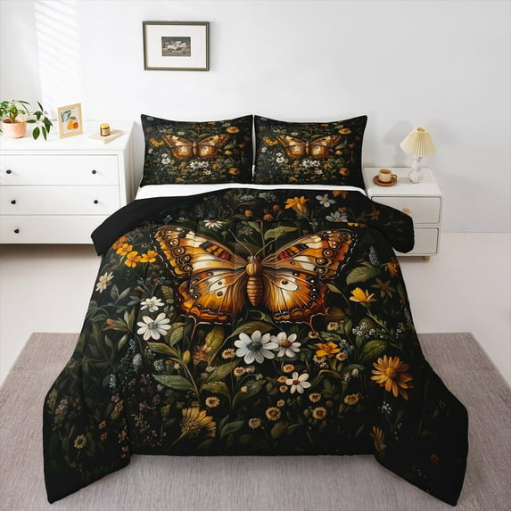 jejeloiu Spooky Boho Moth Bedding Comforter Set,Country Flower Floral Twin Comforter Sets,Gothic Theme Bedding Set For Kids,Breathable Home Decor Reversible,2 Pieces
