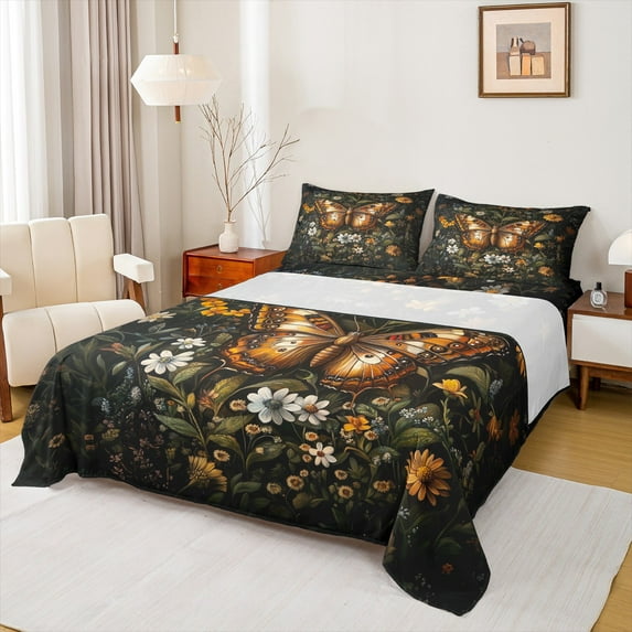 jejeloiu Spooky Boho Moth Twin Sheet Sets,Country Flower Floral Twin Fitted Sheet,Gothic Theme Flat Sheet For Kids,Breathable Home Decor,3 Pieces