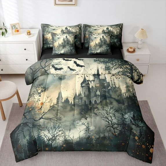 jejeloiu Spooky Castle Bedding Comforter Set 7 Pieces,Black Halloween Bat Full Bedding Set,Orange Splatter Ink Fitted Sheet Flat Sheet For Boys,Breathable Home Decor Reversible