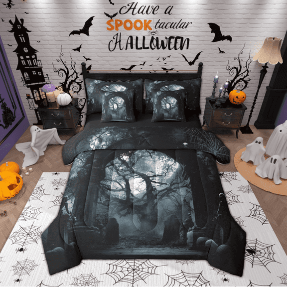 jejeloiu Spooky Castle Bedding Comforter Set 7 Pieces,Halloween Horror Theme Full Bedding Set,Gothic Spooky Fitted Sheet Flat Sheet For Boys Kids,Breathable Home Decor Reversible