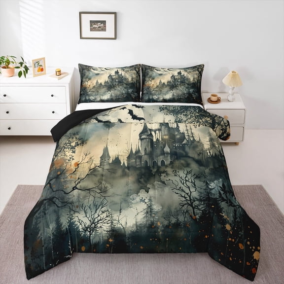 jejeloiu Spooky Castle Bedding Comforter Set,Black Halloween Bat Twin Comforter Sets,Orange Splatter Ink Bedding Set For Boys,Breathable Home Decor Reversible,2-Piece