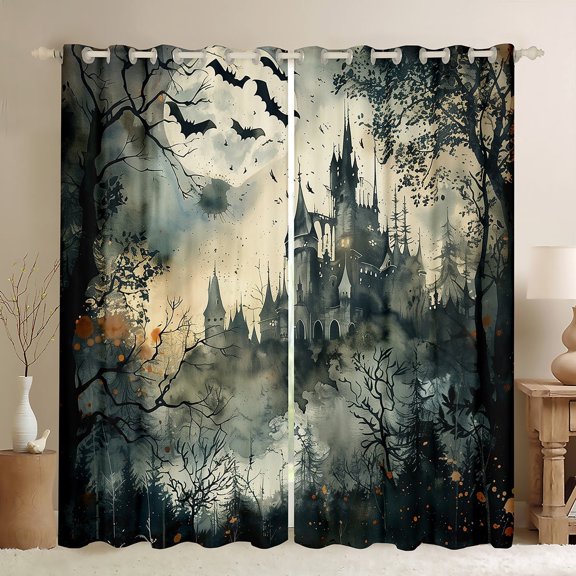 jejeloiu Spooky Castle Black Out Curtains,Black Halloween Bat Curtains Pack of 2 (42x63 Each),Orange Splatter Ink Bedroom Curtains For Boys,Breathable Home Decor