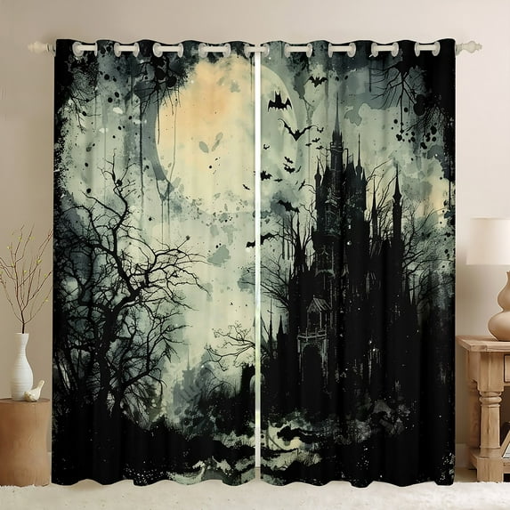 jejeloiu Spooky Castle Curtains Pack of 2 (42x84 Each),Dark Style Curtains Blackout,Black Aplstter Ink Bedroom Curtains For Children,Ultra Soft Home Decor