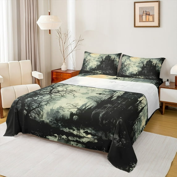 jejeloiu Spooky Castle Full Size Sheets,Dark Style Bed Sheets,Black Aplstter Ink Sheet Sets For Children,Ultra Soft Home Decor,4 Pieces