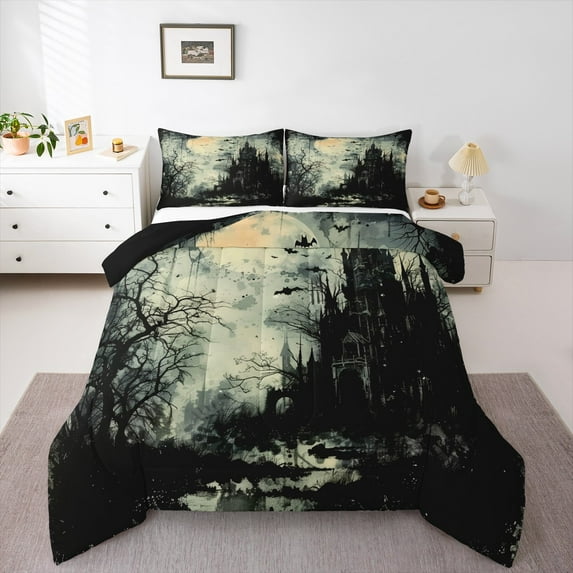 jejeloiu Spooky Castle Queen Comforter Set,Dark Style Bedding Sets,Black Aplstter Ink Bedding Comforter Set For Children,Ultra Soft Home Decor Reversible,3pcs