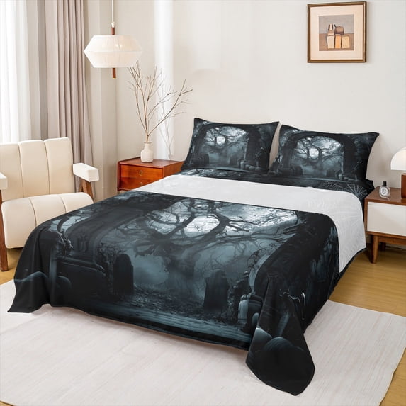 jejeloiu Spooky Castle Twin Sheet Sets,Halloween Horror Theme Twin Fitted Sheet,Gothic Spooky Flat Sheet For Boys Kids,Breathable Home Decor,3 Pieces