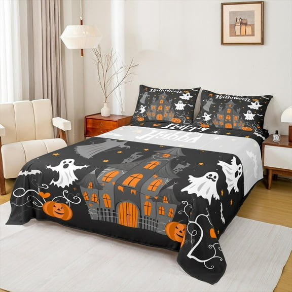 jejeloiu Spooky Castle Twin Sheet Sets,Happy Halloween Twin Fitted Sheet,Cute Ghost Pumpkin Flat Sheet For Child,Microfiber Bedroom Decor,3pcs