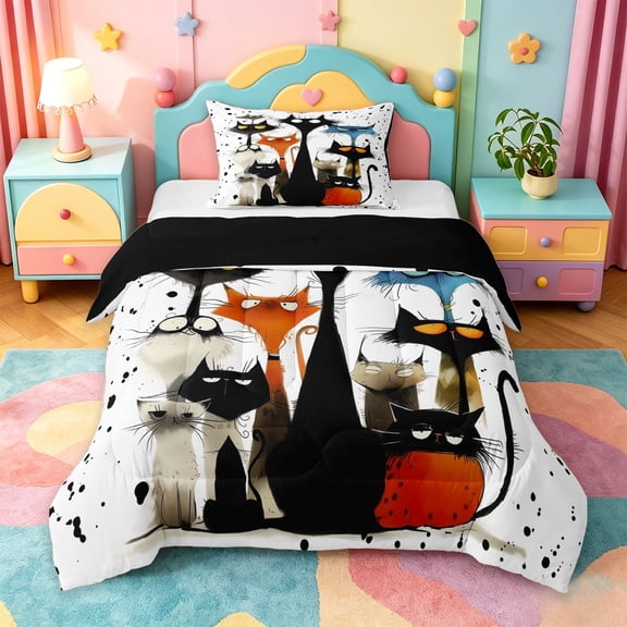 jejeloiu Spooky Cat Twin Comforter Sets Kids,Funny Kitten Bedding Set,Reversible,2-Piece
