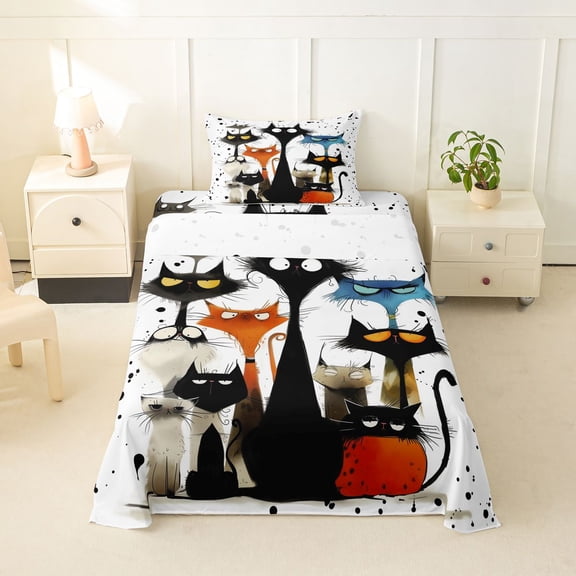 jejeloiu Spooky Cat Twin Sheet Sets Kids,Funny Kitten Bedding,3-Piece