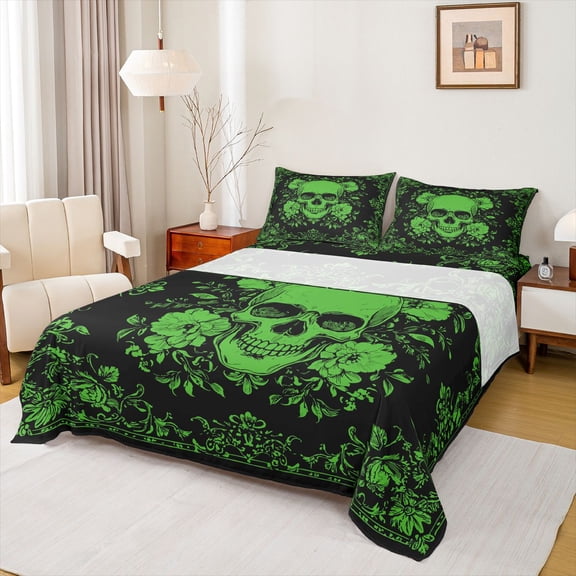 jejeloiu Spooky Gothic Bed Sheets,Skull Flower Pattern King Sheets,Green Black Sheet Set For Men Women,Super Cozy Room Decor,4-Piece