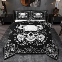 jejeloiu Spooky Gothic Bedding Comforter Set,Skull Flower Pattern Twin Comforter Sets,White Gray Black Bedding Set For Men Women,Super Cozy Room Decor Reversible,2pcs