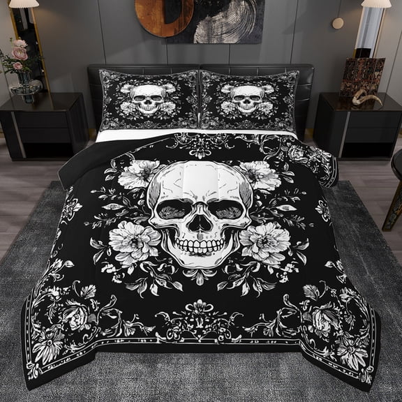 jejeloiu Spooky Gothic Bedding Comforter Set,Skull Flower Pattern Twin Comforter Sets,White Gray Black Bedding Set For Men Women,Super Cozy Room Decor Reversible,2pcs