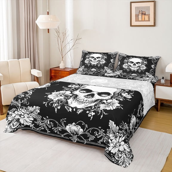 jejeloiu Spooky Gothic Full Size Sheets,Skull Flower Pattern Bed Sheets,White Black Sheet Sets For Men Women,Super Cozy Room Decor,4pcs