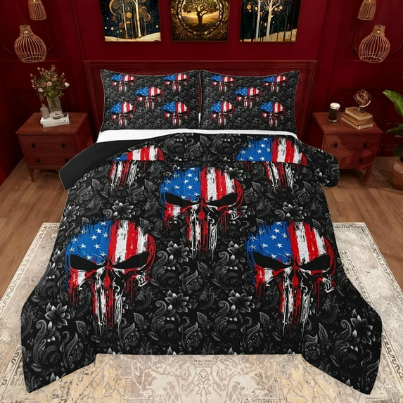 jejeloiu Spooky Gothic Skull Bedding Comforter Set,Retro Damask Flowers Twin Comforter Sets,American Flag Print Bedding Set For Men Women,Microfiber Bedroom Decor Reversible,2-Piece