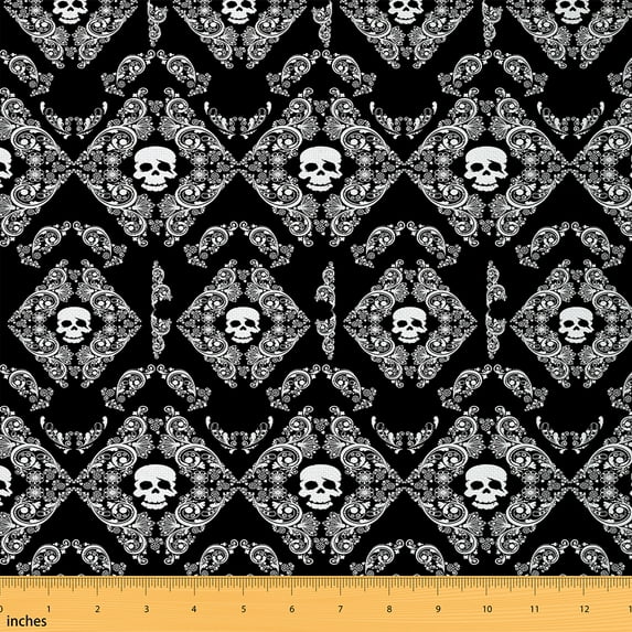 jejeloiu Spooky Gothic Theme Fabric by the Yard 1 Yard,Vintage Damask Print Home Decor Fabric by the Yard,White Skull Skeleton Sewing Fabric For Child,Microfiber Bedroom Decor