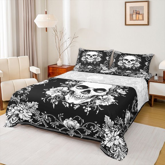 jejeloiu Spooky Gothic Twin Sheet Sets,Skull Flower Pattern Twin Fitted Sheet,White Black Flat Sheet For Men Women,Super Cozy Room Decor,3 Pieces