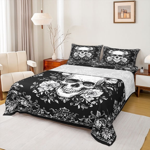 jejeloiu Spooky Gothic Twin Sheet Sets,Skull Flower Pattern Twin Fitted Sheet,White Gray Black Flat Sheet For Men Women,Super Cozy Room Decor,3pcs