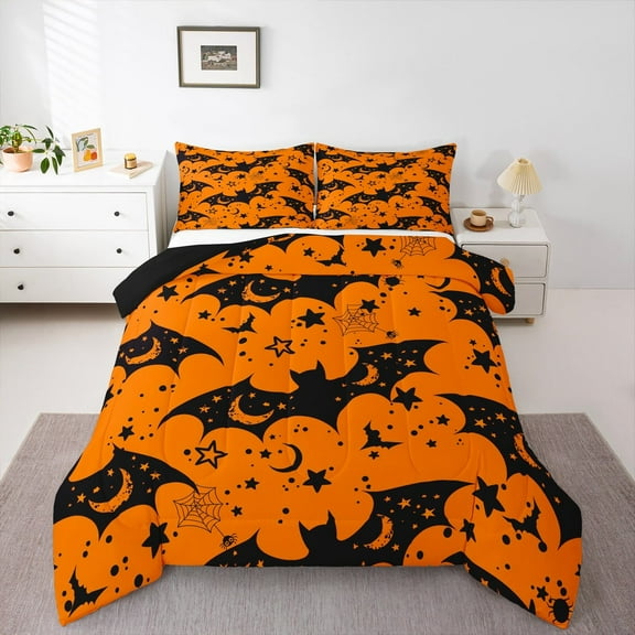 jejeloiu Spooky Halloween Bat Bedding Comforter Set,Trick Or Treat Twin Comforter Sets,Black Spider Webs Bedding Set For Children,Microfiber Bedroom Decor Reversible,2pcs