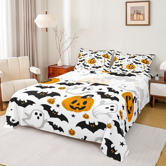 jejeloiu Spooky Halloween Bed Sheets,Cartoon Pumpkin Lantern King Sheets,Black Bats Sheet Set For Boys Kids,Luxury Bedroom Decor,4pcs