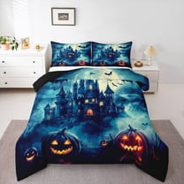 jejeloiu Spooky Halloween Castle Bedding Comforter Set,Horror Pumpkin Lantern Twin Comforter Sets,Black Bats Bedding Set For Boys Kids,Ultra Soft Home Decor Reversible,2-Piece