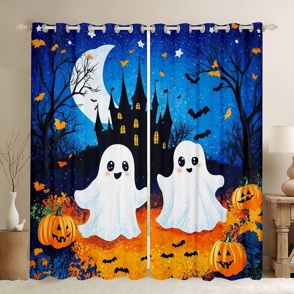 jejeloiu Spooky Halloween Curtains Pack of 2 (42x84 Each),Kawaii Ghost Pumpkin Lantern Curtains Blackout,Spooku Castle Bedroom Curtains For Gir Kids Boy,Luxury Bedroom Decor