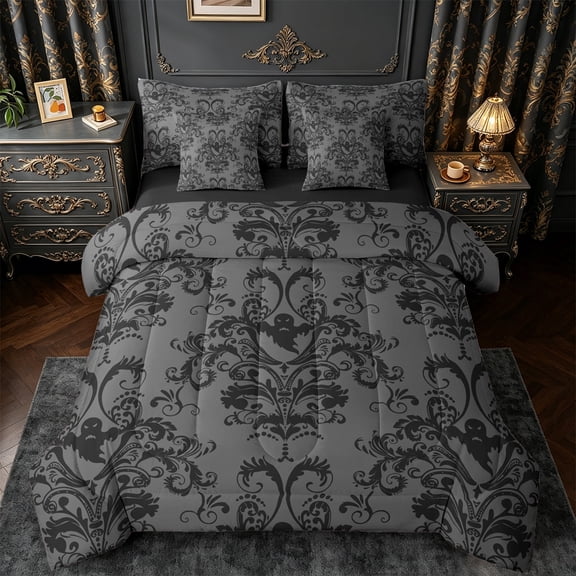 jejeloiu Spooky Halloween Ghost 7-Piece Bedding Comforter Set,Bohemain Damask Floral King Bedding Sets,Victorian Baroque Flower Bed Sheets For Adult,Ultra Soft Home Decor Reversible