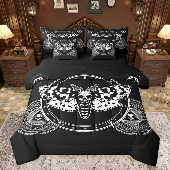 jejeloiu Spooky Moth Skull 7-Piece Bedding Comforter Set,Boho Exotic Style King Bedding Sets,White Black Bed Sheets For Bots Teens,Luxury Bedroom Decor Reversible