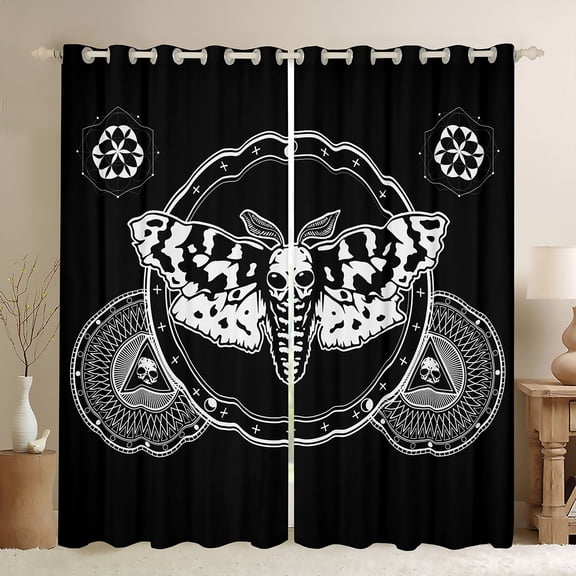 jejeloiu Spooky Moth Skull Curtains Pack of 2 (42x84 Each),Boho Exotic Style Curtains Blackout,White Black Bedroom Curtains For Bots Teens,Luxury Bedroom Decor