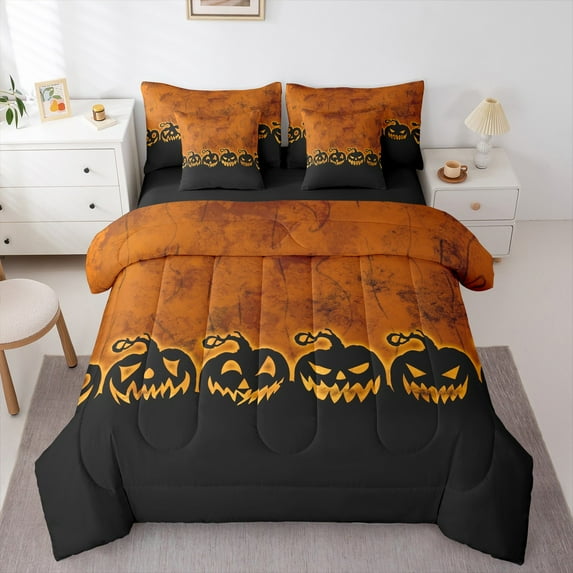 jejeloiu Spooky Pumpkin Twin Bedding Sets 7-Piece,Happy Halloween Bedding Comforter Set,Orange Black Sheet Sets For Teens,Luxury Bedroom Decor Reversible