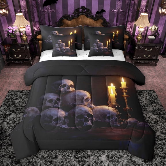 jejeloiu Spooky Skeleton 7pcs Bedding Comforter Set,Goth Skull Queen Bedding Sets For Men Women Reversible