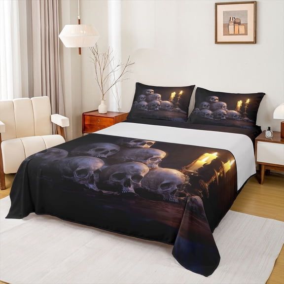 jejeloiu Spooky Skeleton Bed Sheets,Goth Skull King Sheets For Men Women 4 Pieces